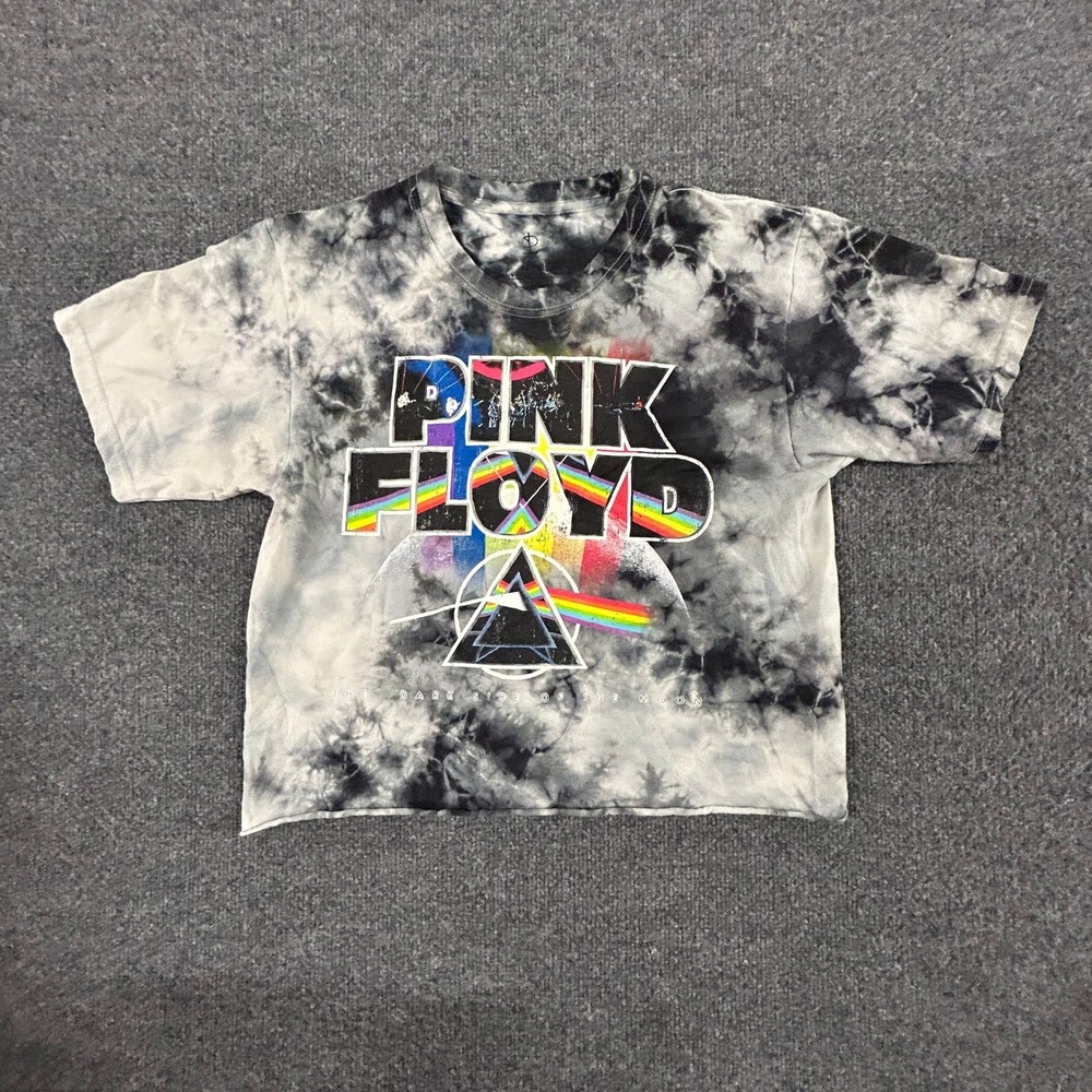 Pink Floyd Graphic Tee Womens Size M Grey Tie-Dye Cropped Raw Hem Band Shirt